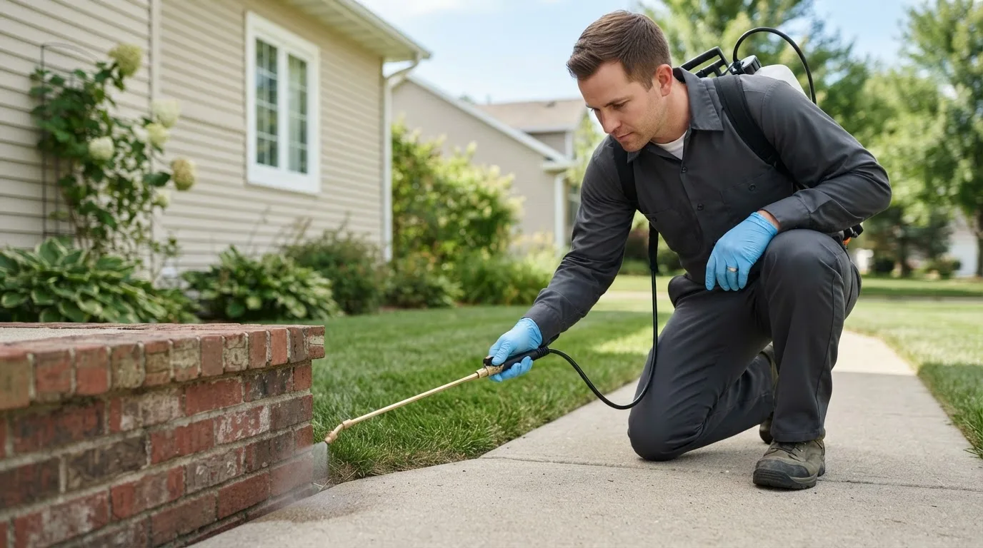 Pest control technician treating a home near Lakeville, OH