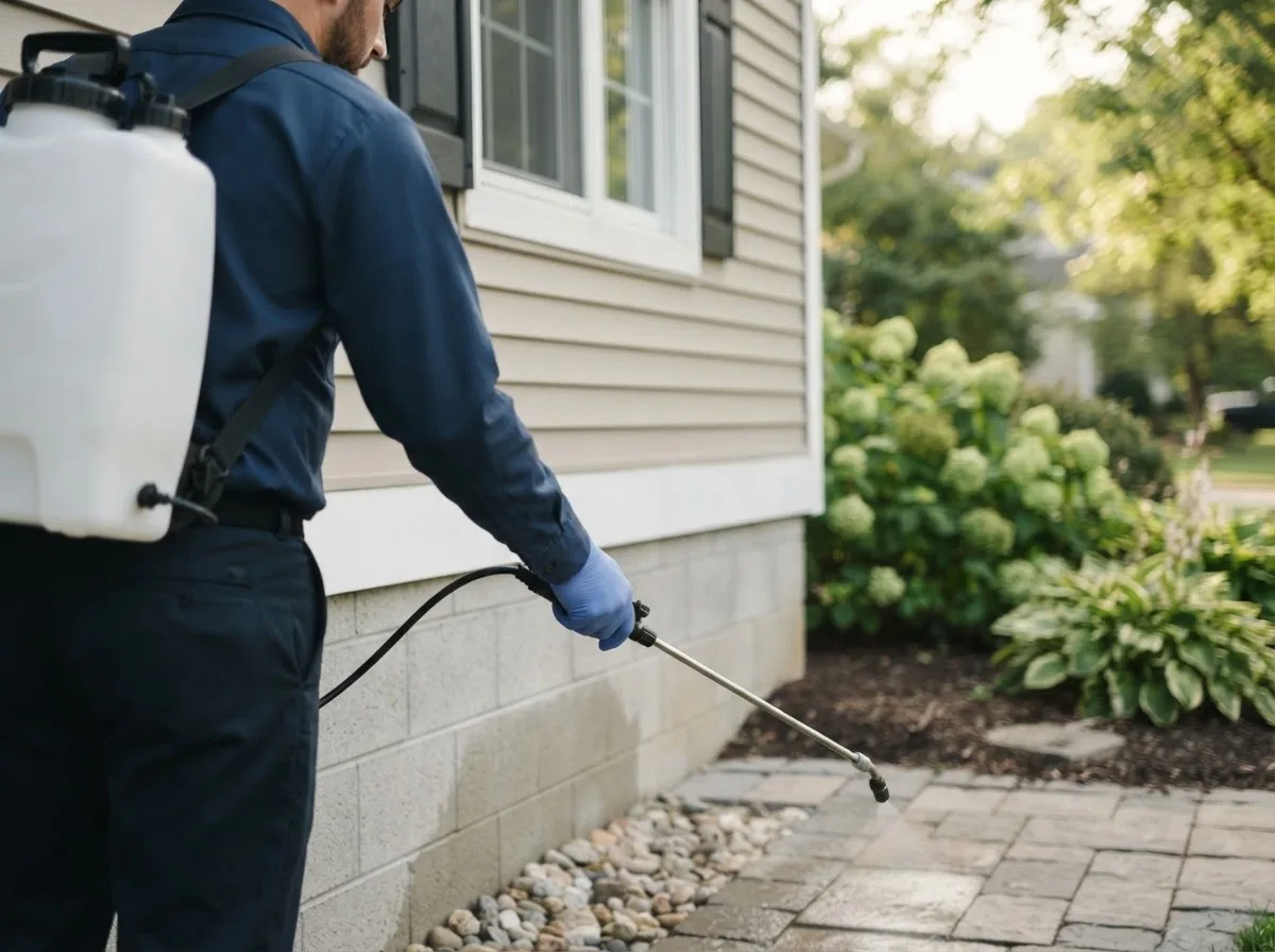 Pest control technician inspecting a home in Lakeville, OH